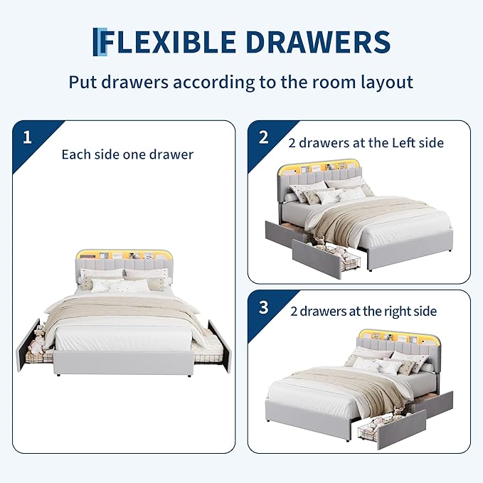 Garvee Full Size Bed Frame with 2 Flexible Drawers, Velvet Upholstered Platform Bed Frame with Bookcase Headboard and LED Lights, Kids Bed for Girls, Easy Assembly, Noise Free, Grey