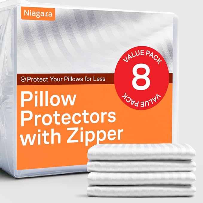 Ultra Soft Pillow Protectors with Zipper Standard Size - Set of 8 Breathable Pillow Covers - 100% Protection Against Stains, Dust & Dirt - Machine Washable (Dark White)