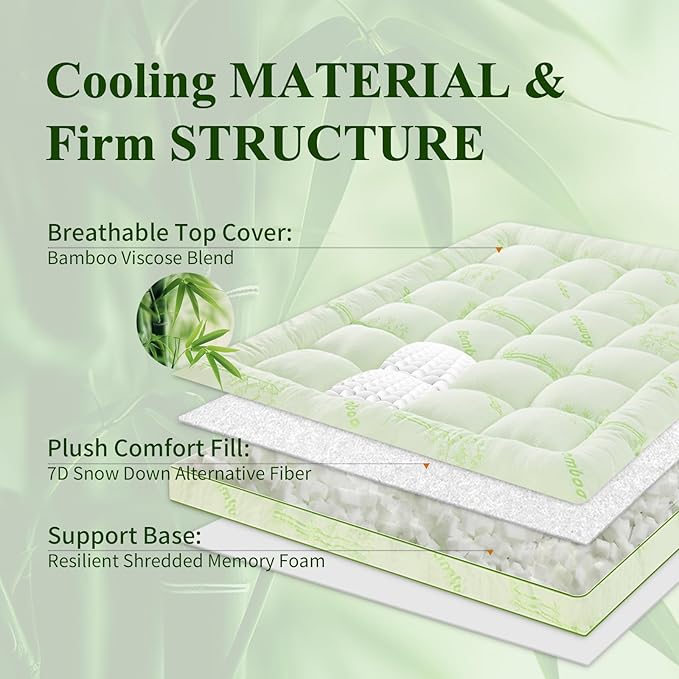 Memory Foam Mattress Topper - Viscose Made from Bamboo Pillow Top Thick California King Size Mattress Pad for Back Pain, Ultra Soft & Cooling for Hot Sleepers, 6-18'' Deep Pocket, Green
