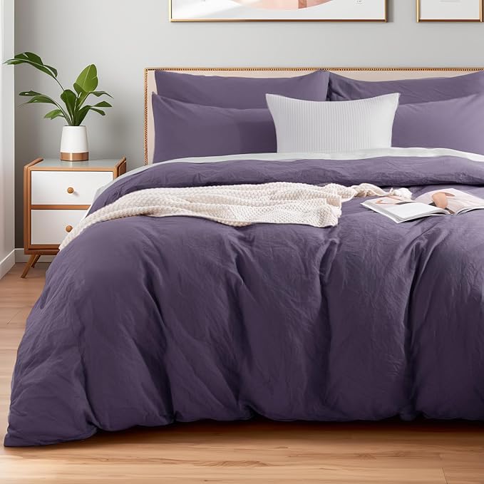 NEXHOME PRO 100% Washed Cotton Duvet Cover Queen Size, Ogranic Natural Linen Feel Breathable Bedding Set with Zipper Closure, 3 Pieces Duvet Cover Set Eggplant (No Comfortert) 9090
