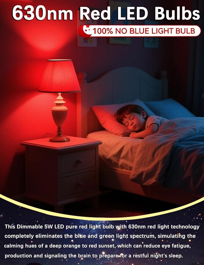 630nm Red Sleep Bulb Dimmable, 100% Blue Light Blocking, Promotes Melatonin Production, E26 A15 LED 5W Red Dim Night Light for Baby's Bedroom, Sleeping, 4Pack