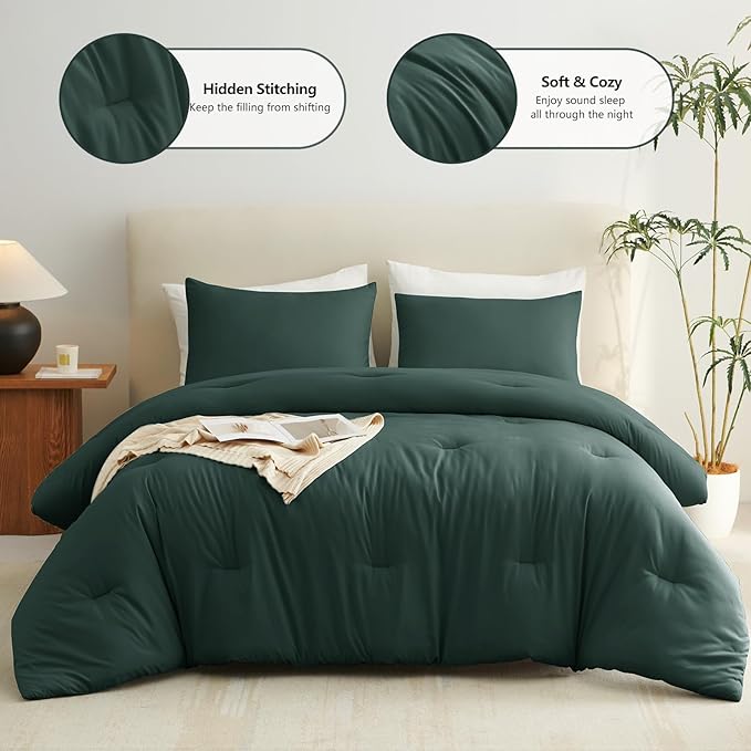 CozyLux Twin Comforter Set Forest Green, 2 Pieces Twin Extra Long Solid Breathable Bedding Sets College Dorm, Twin XL Luxury Soft Bed Set with Down Alternative Comforter and 1 Pillowcase All Seasons