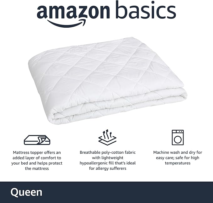 Amazon Basics Hypoallergenic Quilted Plush and Breathable Mattress Topper Pad, 18 Inches Deep, Padded, Washable, Queen, White