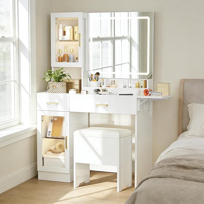 KAMABOKO Vanity Desk with Mirror, LED Lights and Power Outlet, Makeup Vanity Table with Cabinet and 2 Drawers, Dressing Table with Stools for Bedroom (White)