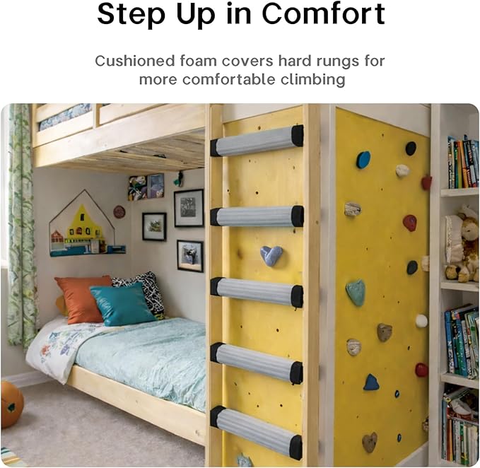 Bunk Bed Ladder Pads 6.5 Ft with 10 Adjustable Straps, Soft Foam Ladder Cover for Loft Bed, Cushioned Step Pads for Comfortable Climbing, Secure Fit, Gray