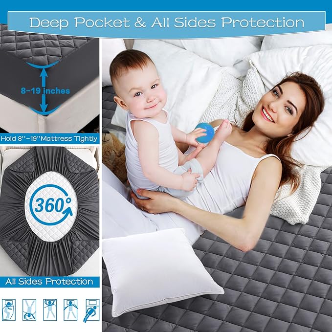 GRT Full Size Grey Quilted Fitted Mattress Pad, 100% Waterproof Breathable Mattress Protector, Noiseless Hollow Cotton Mattress Topper, Fitted 8"-19" Deep, Dust Proof