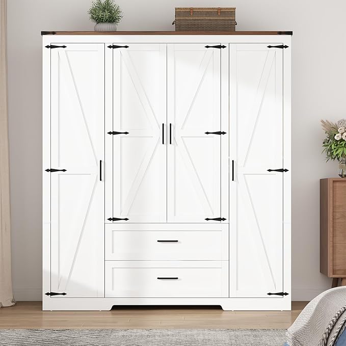 Hlivelood 4 Doors Wardrobe Armoire Closet with Doors and Drawers, Farmhouse Wooden Armoire Storage Cabinet with Shelves & Hanging Rod for Bedroom, White
