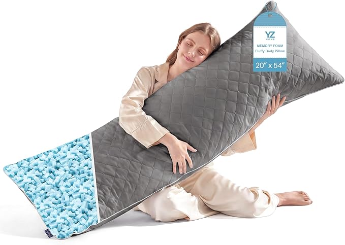 YZ HOME Long Body Pillow for Adults, Firm Body Pillow Shredded Memory Foam, Adjustable Height,Support for Side Sleeping & Pregnant Women(Grey, 20x54 Inch)