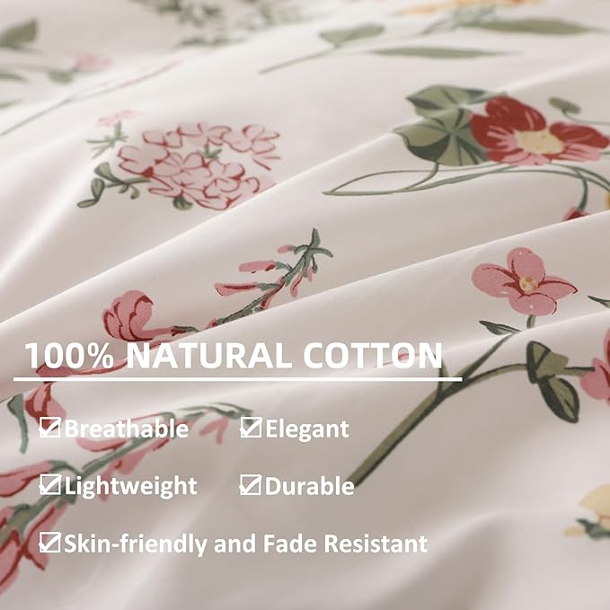 OAITE Duvet Cover Queen Size - 100% Cotton Comforter Cover Floral Duvet Cover Sets 3-PC, Breathable Duvet Cover with Zipper Closure & Corner Ties