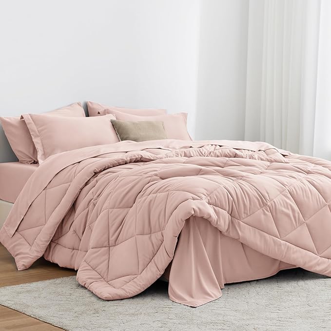 Love's cabin California King Comforter Set Pink, 7 Pieces California King Bed in a Bag, All Season Bedding Sets with 1 Comforter, 1 Flat Sheet, 1 Fitted Sheet, 2 Pillowcase and 2 Pillow Sham | Soft, Breathable, Lightweight, Comfortable