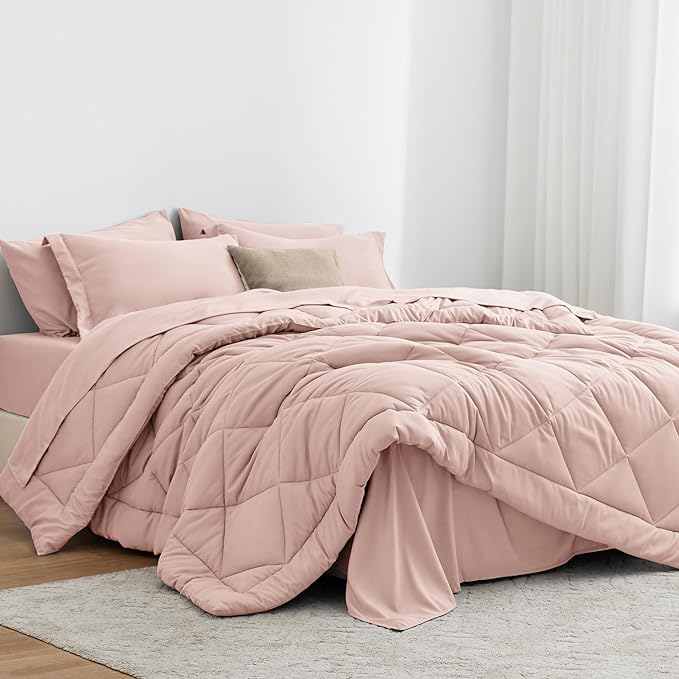 Love's cabin Twin Comforter Set Pink, 5 Pieces Twin Bed in a Bag, All Season Bedding Sets with 1 Comforter, 1 Flat Sheet, 1 Fitted Sheet, 1 Pillowcase and 1 Pillow Sham | Soft, Breathable, Lightweight, Comfortable