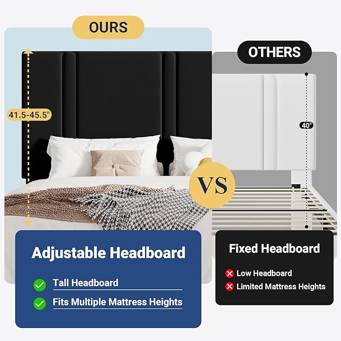 Allewie King Size Platform Bed Frame with Adjustable Headboard, Plush Velvet Upholstered, Vertical Channel Tufted, Sturdy Wooden Slats, No Box Spring Needed, Easy Assembly, Black