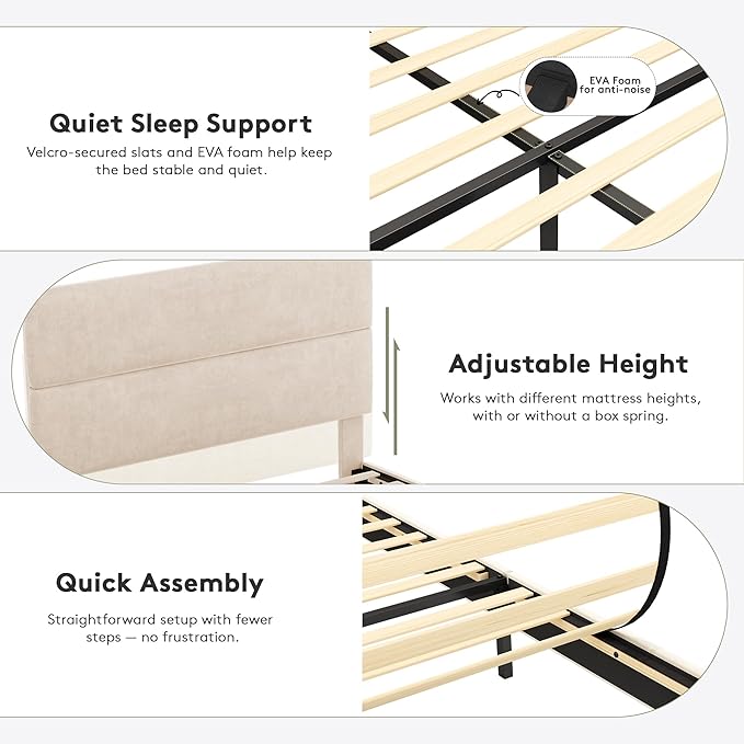 GRUSIGN Full Size Platform Bed Frame with Velvet Headboard, Adjustable Height Wooden Slats Support, Upholstered Mattress Foundation, Fits Mattress or Mattress with Box Spring, Easy Assembly, Beige