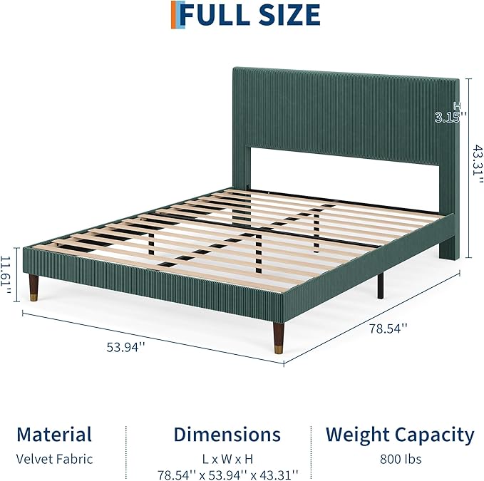 GarveeHome Full Size Bed Frame with Upholstered Headboard and Strong Wooden Slats Support, Soft Corduroy Fabric Platform Bed, No Boxing Spring Needed, Easy Assembly, Dark Green