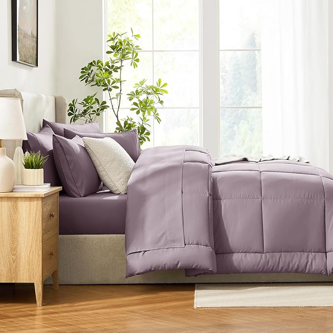 CozyLux Oversized Queen Comforter Sets Dusty Purple, 7 Pieces Bed in a Bag, Ultra-Soft All Season Bedding Sets with Stitch Quilted Comforter, Flat Sheet, Fitted Sheet, Pillowcases