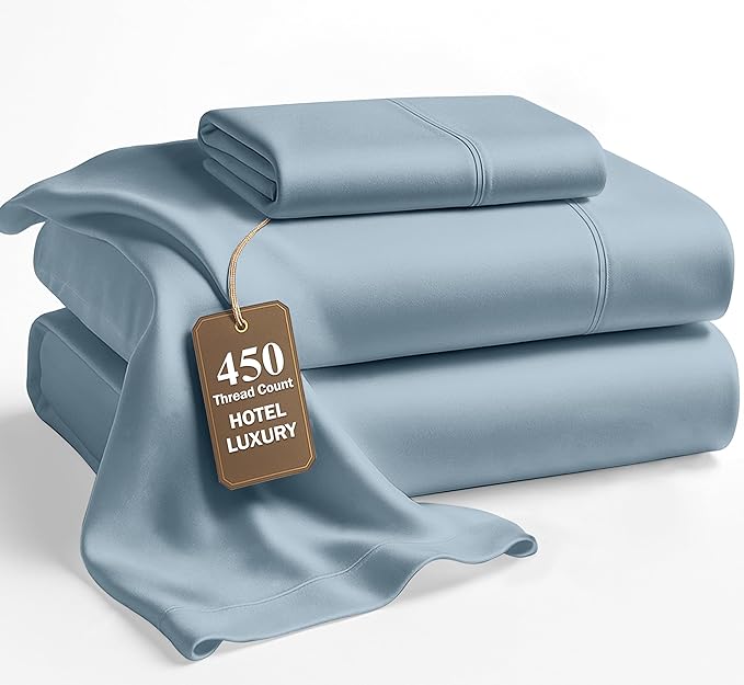 LANE LINEN 100% Cotton Sheets Twin Size - 450 Thread Count Premium Sateen Weave for Gentle Feel On Skin - Extra Soft Hotel Quality Sheets for Dorm Rooms - Oeko Tex Certified - French Blue