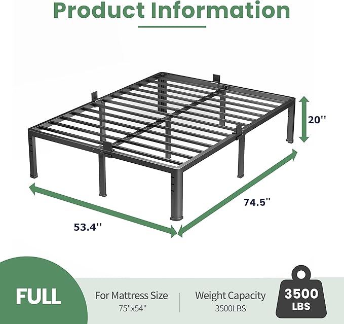 NKZ 20 Inch Metal Platform Bed Frame, Full Size Bed Frame with Round Corner Legs, 3,500 lbs Heavy Duty Steel Slats Support, No Box Spring Needed, Easy Assembly, Noise Free