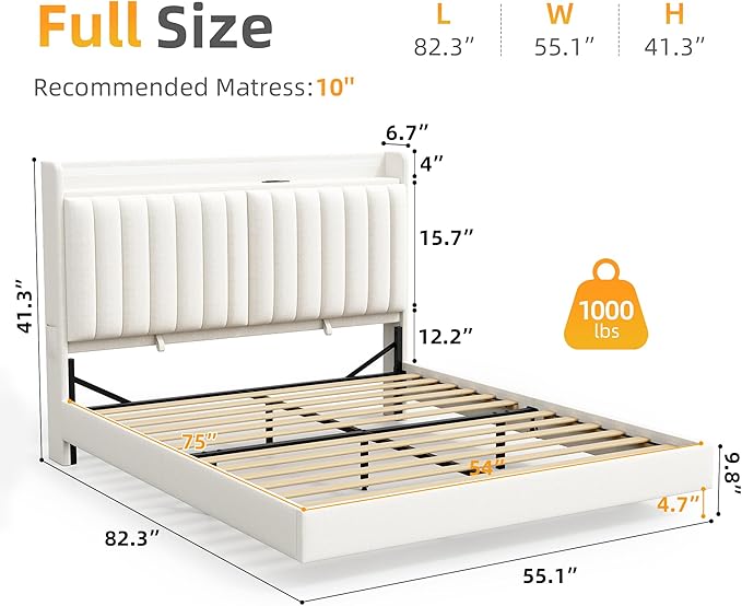 Jocoevol Full Size Floating Bed Frame with Ergonomic Hidden Storage Headboard and LED Lights, Visual Floating LED Bed Frame with Charing Station, Velvet Upholstered Platform Bed, Heavy Duty, White