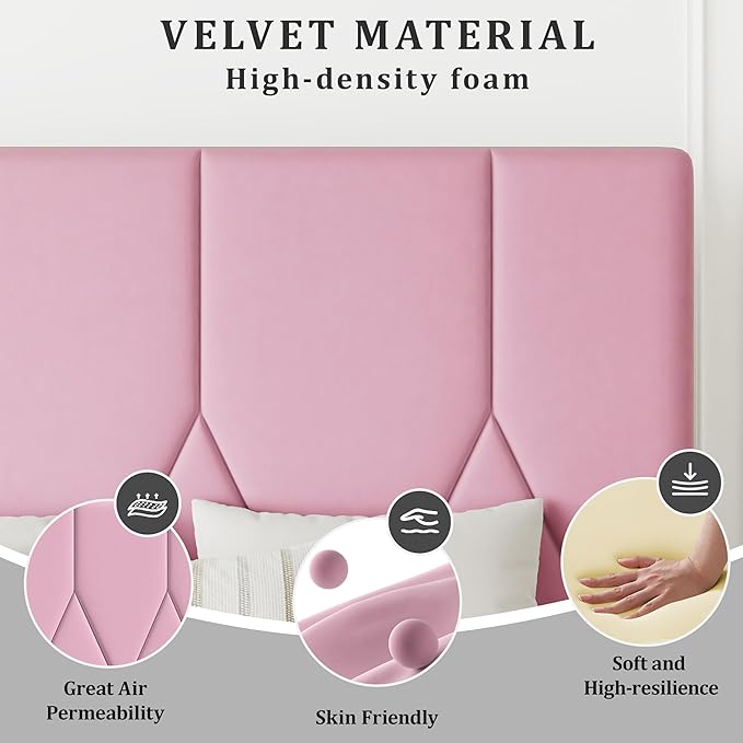 Twin Bed Frame, Padded Platform Bed Frame with Velvet Headboard, Vertical Quilted Design, Sturdy Slatted Mattress Base, No Spring Mattress Required, Easy to Assemble, Pink