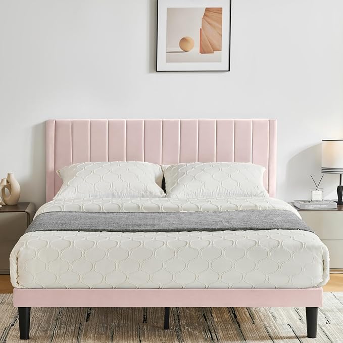 Full Bed Frame Upholstered Platform,Full Size Bed Frame with Velvet Headboard,Non-Slip and Noise-Free/Wooden Slats Support/No Box Spring Needed/Easy Assembly/Mattress Foundation (Pink, Full)