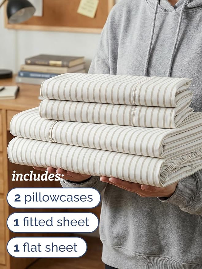 Twin XL 4 Piece Sheet Set - Comfy, Breathable & Cooling - Soft Hotel Luxury Bedding for Women, Men, Kids, Teens & Children - 1 Flat & 1 Fitted Sheet & 2 Pillowcases w/ Deep Pockets - Beige Stripes 2