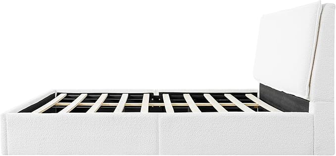 Christopher Knight Home Jamaiya Boucle Upholstered Queen Size Bed Frame with Headboard, Modern Queen Bed Frame and Headboard, Wooden Slats Support, Easy Assembly, No Box Spring Needed, White