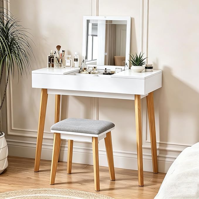Small Vanity Desk, Flip Top Makeup Vanity, Makeup Vanity Desk with Mirror & LED Light, Power Outlet, Compact Dressing Table with Cushioning Stool, Vanity Desk Set for Kids, White