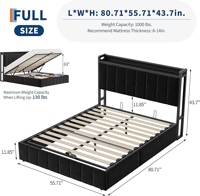 Garvee Full Size Lift Up Storage Bed, Upholstered Velvet Bed Frame with Storage Headboard, Metal Platform Bed, No Box Spring Needed, Solid Wooden Slats, Noise Free, Black