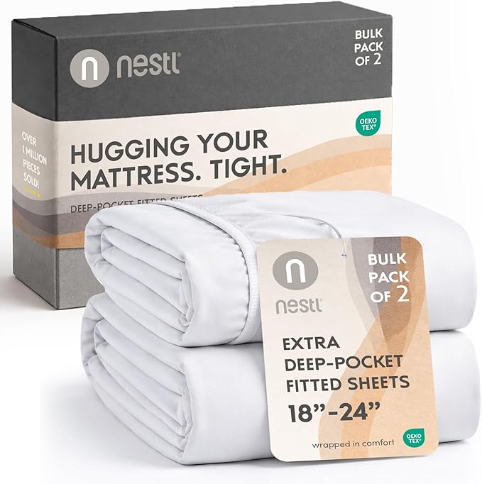 Nestl 2 Pack White Fitted Sheet Extra Deep Pocket, Hotel Luxury FullFitted Sheet Only Easily Fits 18 to 24 Inch Mattress, Super Soft, Wrinkle-Free and Breathable with Corner Straps