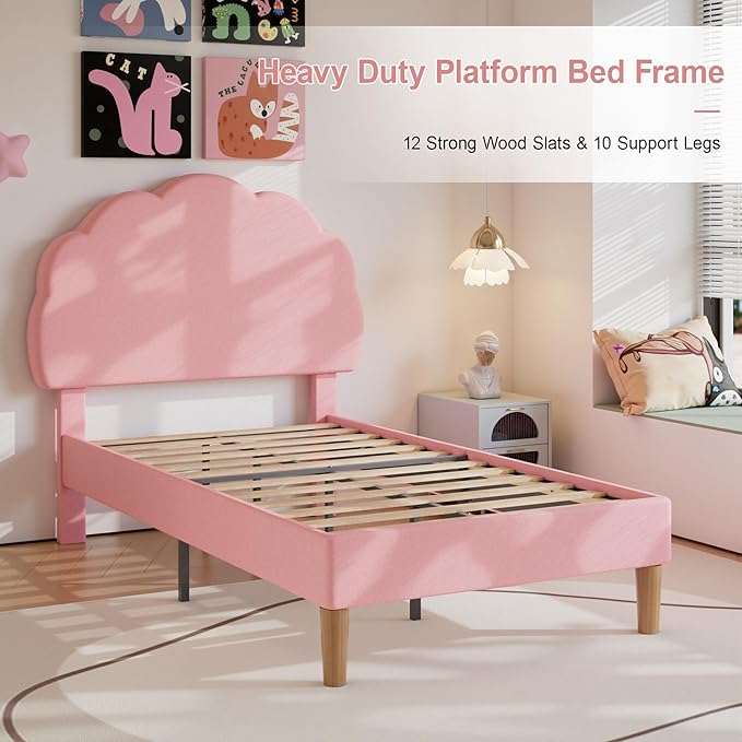 VECELO 2 Set Twin Size Bed Frame, Upholstered Platform Bedframe with Height Adjustable Plush Fabric Headboard, Strong Wood Slat Supports, No Box Spring Needed, Pink