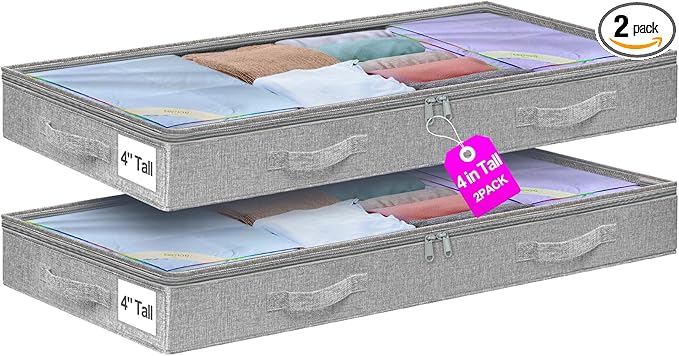 punemi 4 inches Under Bed Storage Containers, Low Profile Underbed Storage, NO STRUCTURE, Soft Foldable Underbed Cloth Storage Bags, Zipper Blanket Storage Container, 2Pack, Grey, 20x40x3.7in
