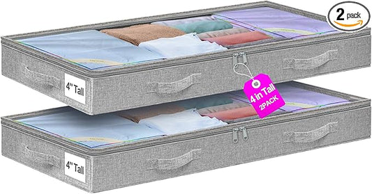 punemi 4 inches Under Bed Storage Containers, Low Profile Underbed Storage, NO STRUCTURE, Soft Foldable Underbed Cloth Storage Bags, Zipper Blanket Storage Container, 2Pack, Grey, 20x40x3.7in