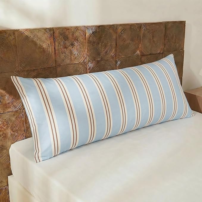 Merryword Body Pillow Cover 20x54inches, 100% Cotton Pillow Case, Light Blue Striped Pillowcase, Soft Breathable Ribbon Stripes Long Pillowcase, 1-Piece