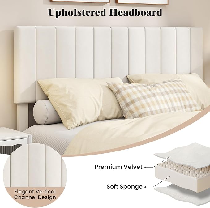Giantex Queen Size Velvet Upholstered Bed Frame, Platform Bed with Height Adjustable Vertical Channel Headboard, Wooden Slats Support Mattress Foundation, No Box Spring Needed, Noise Free, Beige
