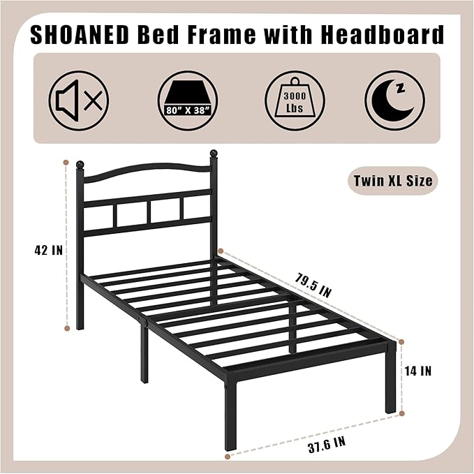 SHOANED Metal Bed Frame with Headboard - 14 Inch Twin XL Size Heavy Duty Bedframe Black Basic Steel Slats Platform No Box Spring Needed/Easy Assembly/Noise Free