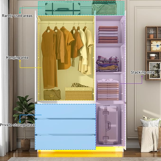 3 Doors Armoire Wooden Wardrobe Closet with 3 Drawers & 2 Mirror, 75"H Clothing Storage Cabinet with Hanging Rod,Modern Bedroom Large Freestanding Armoires with Led Lights for Bedroom,White