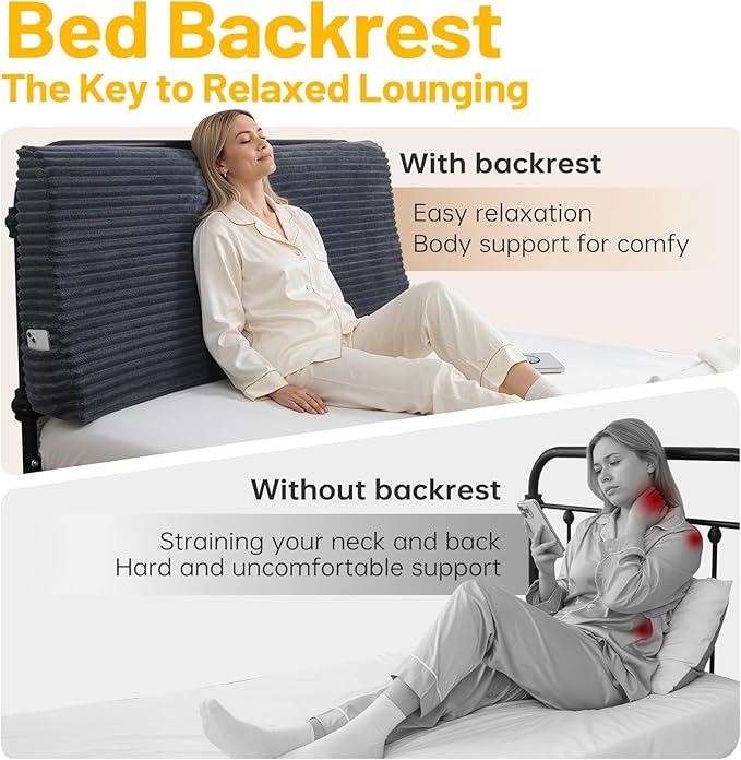 ENITYA Headboard Pillow Queen,60"x24"x8" Large Bed Wedge Backrest Cushion with Ergonomic Soft Foam Support and Removable Cover,Ideal for Reading/Sitting/Working in Daybed,RV Camping,Dorm,Grey