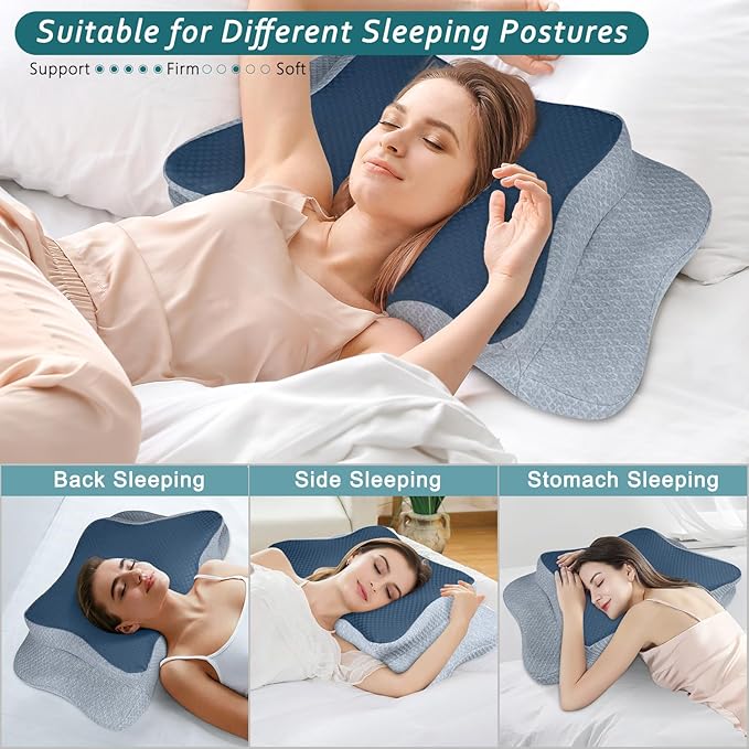 CHxxy Cervical Neck Pillow for Pain Relief Sleeping, Memory Foam Pillows, Ergonomic Side Sleeper Pillows, Cooling Orthopedic Neck Support Pillow for Back Stomach Sleepers-Queen Size Blue&Grey