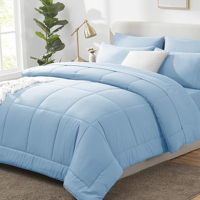 CozyLux Oversized King Comforter Sets Baby Blue, 7 Pieces Bed in a Bag, Ultra-Soft All Season Bedding Sets with Stitch Quilted Comforter, Flat Sheet, Fitted Sheet, Pillowcases