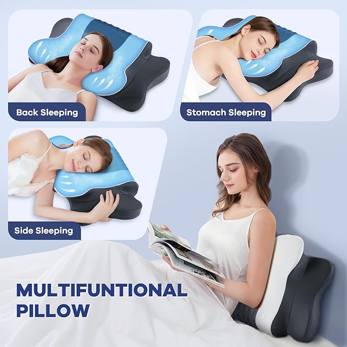 Cervical Neck Pillow for Pain Relief,Cervical Pillow with Memory Foam Ergonomic Pillows with Dual Heights for Back,Stomach and Side Sleepers Kids' Floor Pillows Cushions (Grey White, Standard 27"×16")