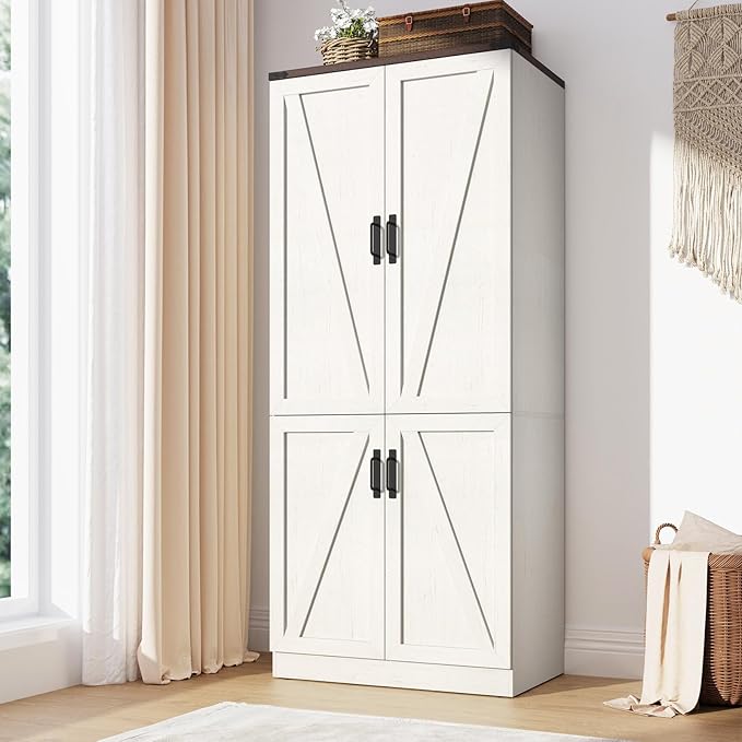 Hlivelood 75" Tall Farmhouse 2 Doors Armoire Wardrobe Closet with LED,Freestanding Closet Wardrobe Cabinet for Bedroom with Hanging Rod,Wooden Armoire Storage Cabinet Adjustable(Rustic Off White)