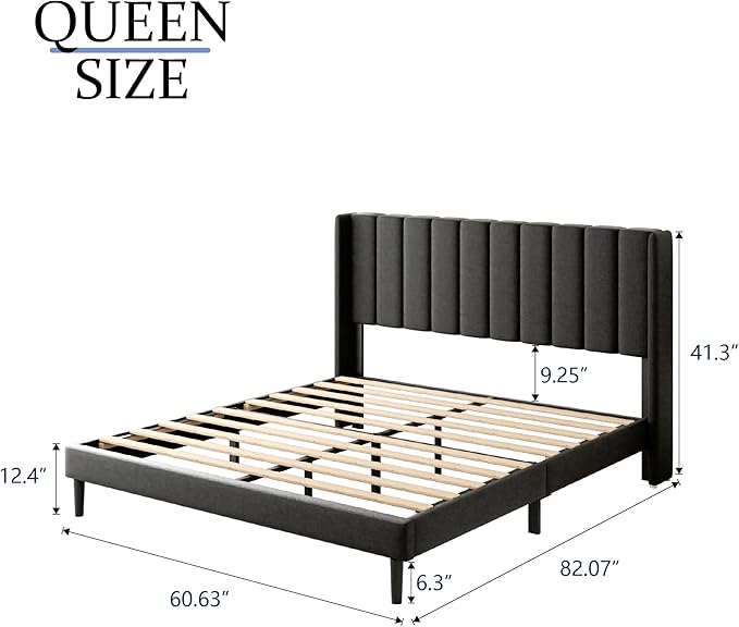 Gruwans Queen Size Bed Frame with Upholstered Wingback Headboard, Easy Assemnly Platform Bed, Wooden Slat Support No Box Spring Needed, Dark Gray