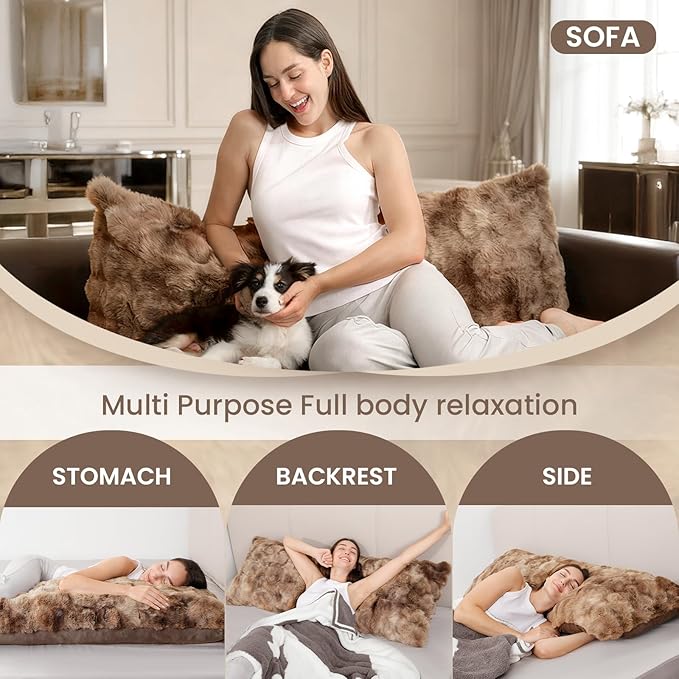 ZonLi Fluffy Body Pillow for Adults, Fuzzy Faux Fur Body Pillow with Shredded Memory Foam, Adjustable Support for Side Sleepers, Pregnancy & Decor, Gifts，20x54 Inch, Brown