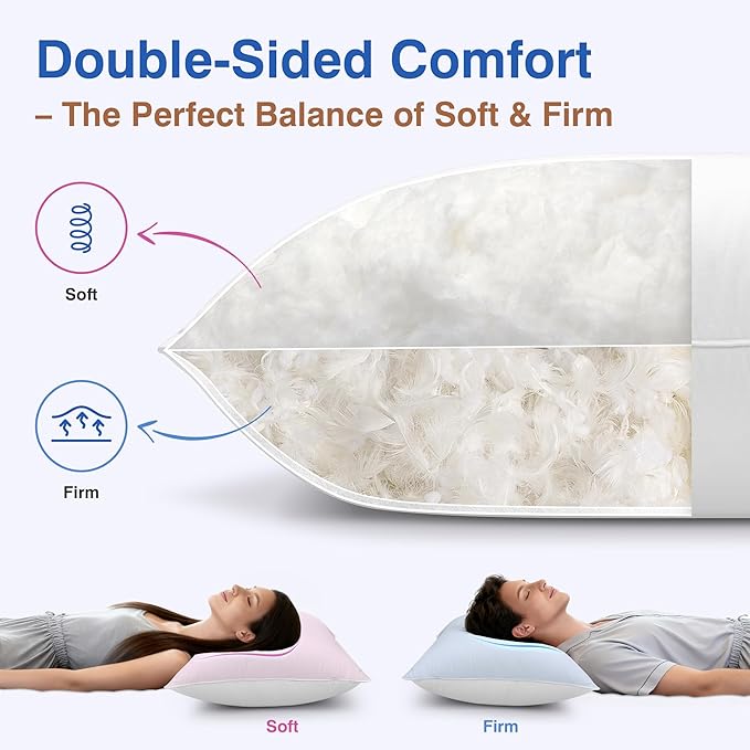 Goose Feather Pillow Queen Size Set of 2 - Soft and Firm Two Sides Optional, Down Hotel Bed Pillows for Sleeping, Fluffy Support Surround Fill Polyester for Back, Stomach, Side Sleepers
