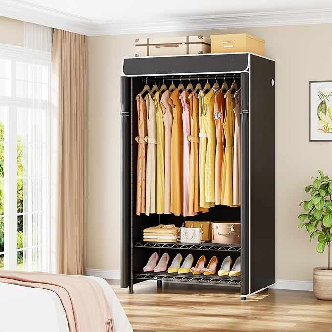 ULIFHOME H5C Clothes Rack with Cover, Portable Closet for Hanging Clothes, Covered Clothing Racks Heavy Duty, Garment Racks with Shelves, Max Load 360LBS, Black Closet Rack with Black Cover