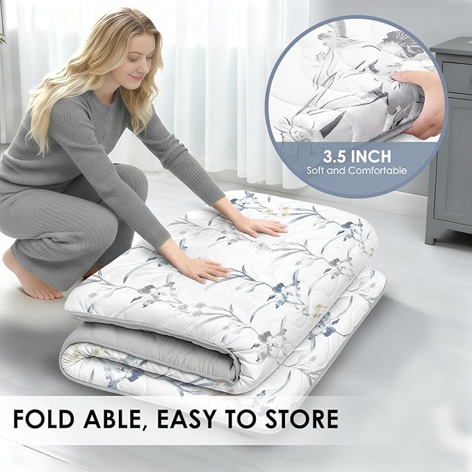 SCHNAUZER HOME Japanese Floor Mattress, 3.5" Thicken Ink Wash Floral Pattern Portable Futon Mattress, 100% High-Density Foam Tatami Mat Sleeping Pad for Camping Guest Room Dormitory RV, White, Twin