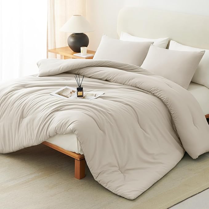 CozyLux California King Comforter Set Beige, 3 Pieces Cal King Solid Breathable Quilted Bedding Sets, Cozy Luxury Fluffy Soft Bed Sets with Down Alternative Comforter and 2 Pillowcases for All Season