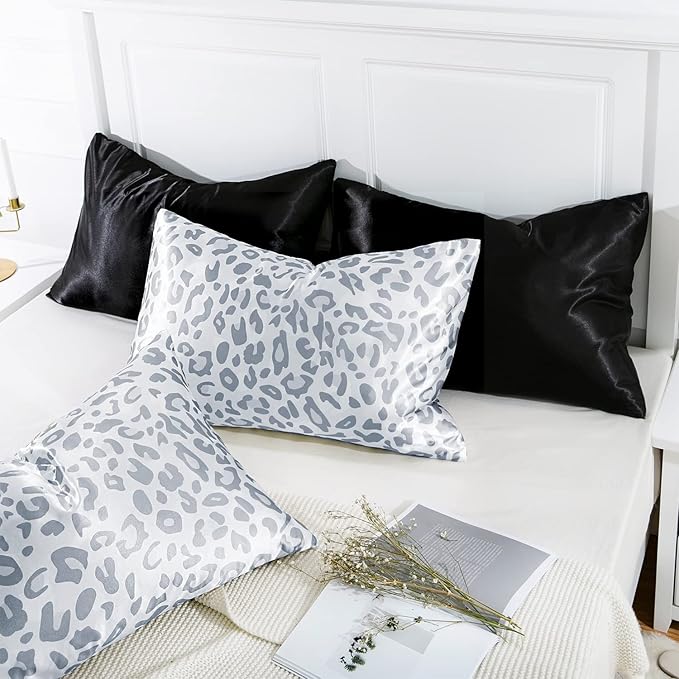 MR&HM Satin Pillowcase for Hair and Skin, Silk Satin Pillowcase 2 Pack, King Size Pillow Cases Set of 2, Silky Pillow Cover with Envelope Closure (20x40, Silver Leopard)