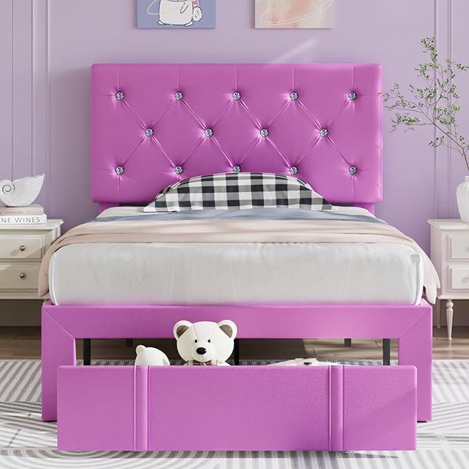 VECELO Twin Size Bed Frame with Storage Drawers, Leather Upholstered with Diamond Tufted Headboard, Solid Wood Slat Support, No Box Spring Needed, PU & Purple
