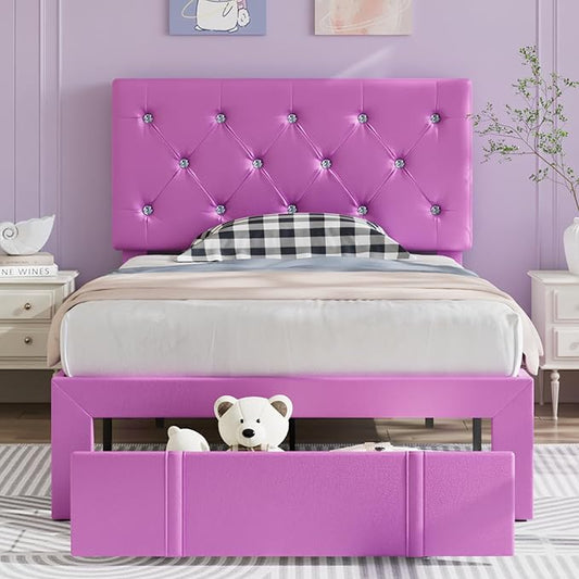VECELO Twin Size Bed Frame with Storage Drawers, Leather Upholstered with Diamond Tufted Headboard, Solid Wood Slat Support, No Box Spring Needed, PU & Purple